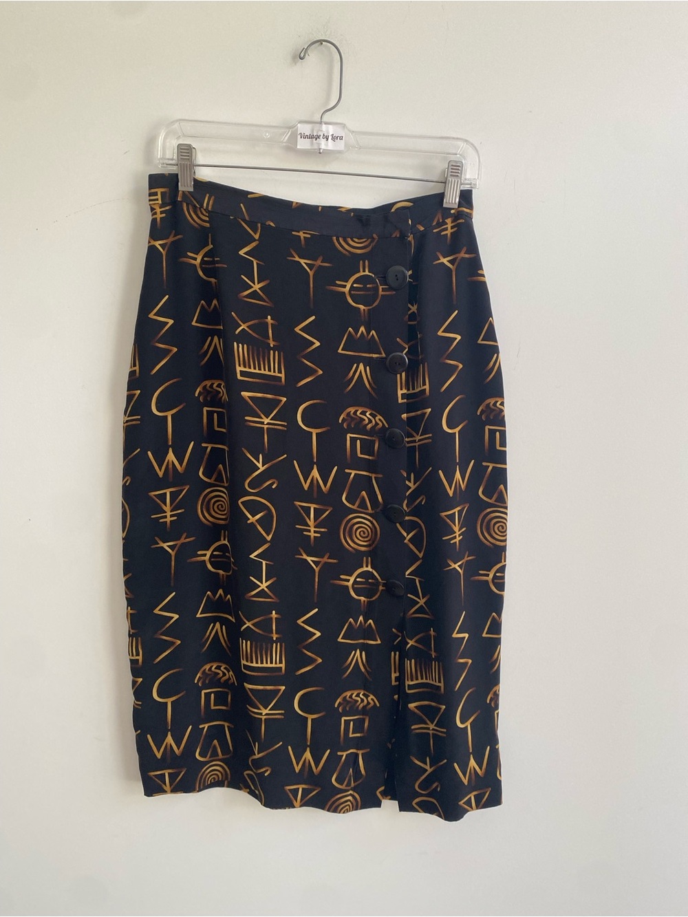 Ellen Tracy SILK Black Midi Skirt with Gold Graphic Symbols
